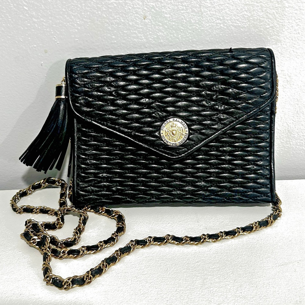 Vintage French Evening bag Pierre Balmain Black Leather Quilted Gold Strap Purse